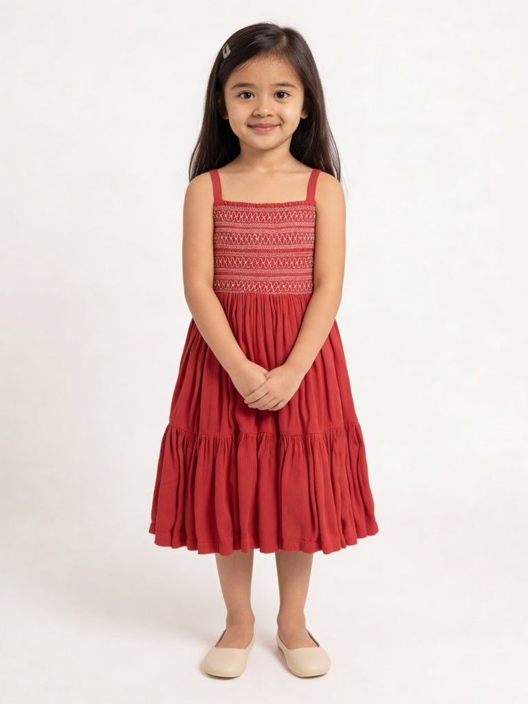 Utsa Kids Girls Red Embroidered Tiered Dress - (8-14 yrs)