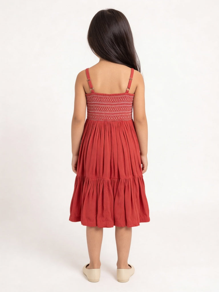 Utsa Kids Girls Red Embroidered Tiered Dress - (8-14 yrs)