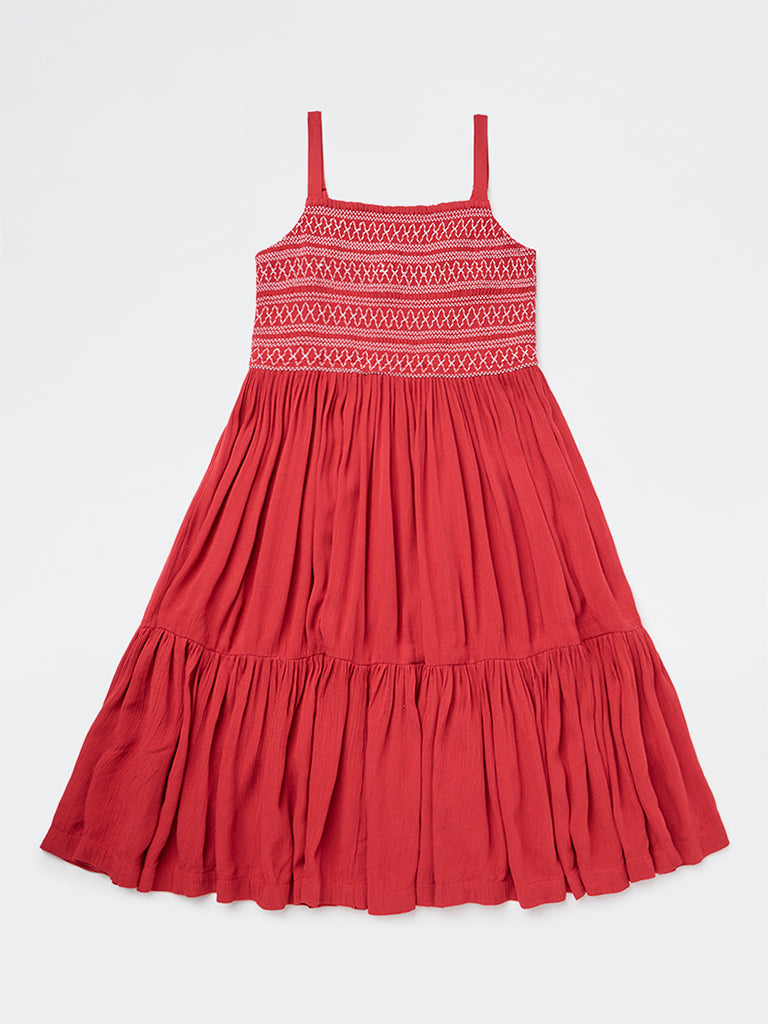 Utsa Kids Girls Red Embroidered Tiered Dress - (8-14 yrs)