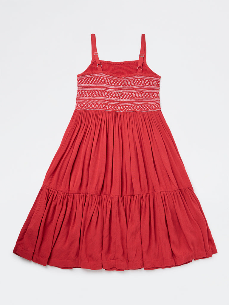 Utsa Kids Girls Red Embroidered Tiered Dress - (8-14 yrs)