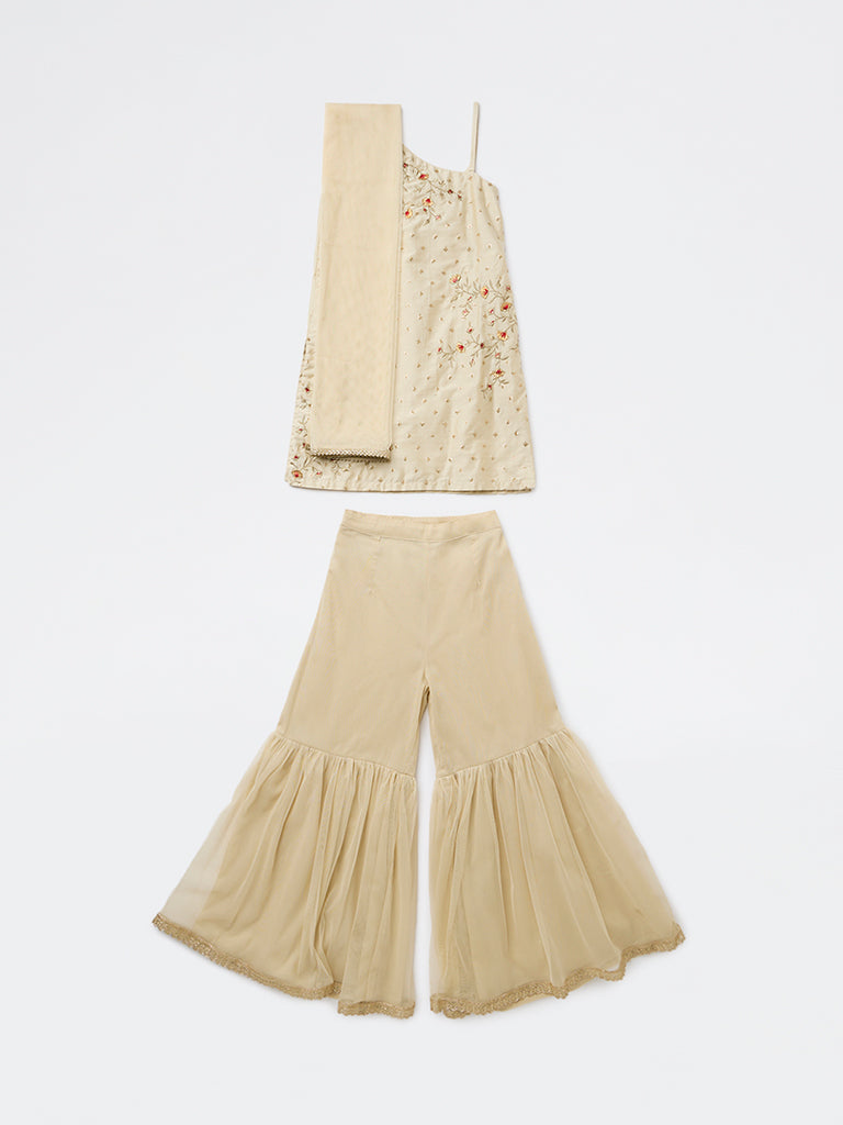 Utsa Kids Girls Light Taupe Embroidered Sharara Ethnic Set - (8-14 yrs)