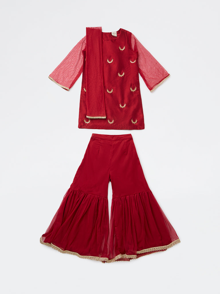 Utsa Kids Girls Red Embroidered Shara Ethnic Set - (8-14 yrs)