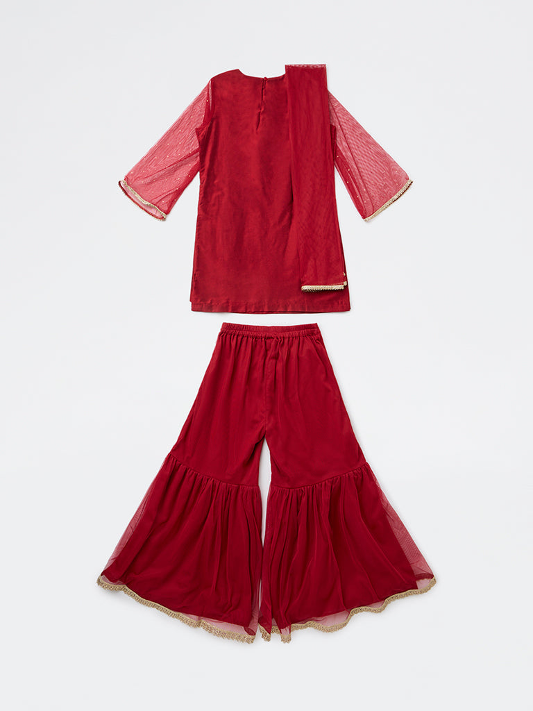 Utsa Kids Girls Red Embroidered Shara Ethnic Set - (8-14 yrs)