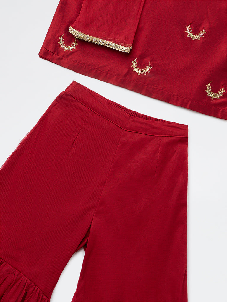 Utsa Kids Girls Red Embroidered Shara Ethnic Set - (8-14 yrs)