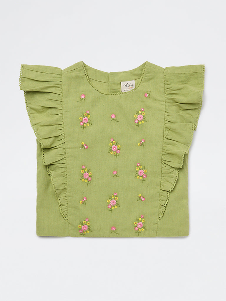 Utsa Kids Girls Lime Floral Embroidered Cotton-Blend Top - (8-14 yrs)