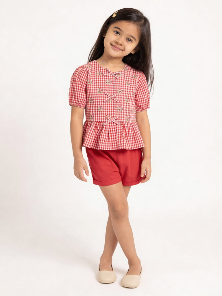 Utsa Kids Girls Red Gingham Check Cotton Peplum Top - (8-14 yrs)