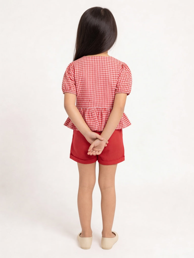 Utsa Kids Girls Red Gingham Check Cotton Peplum Top - (8-14 yrs)