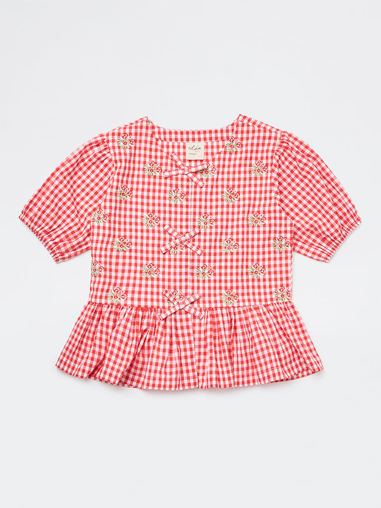 Utsa Kids Girls Red Gingham Check Cotton Peplum Top - (8-14 yrs)