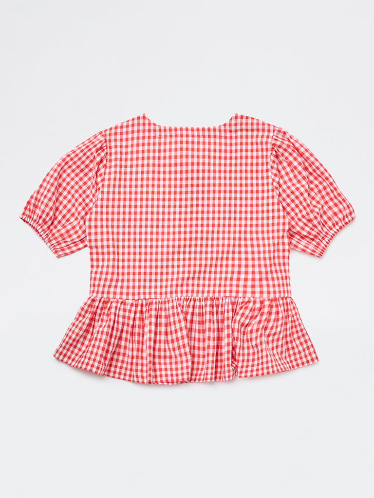 Utsa Kids Girls Red Gingham Check Cotton Peplum Top - (8-14 yrs)