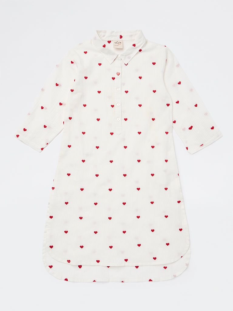 Utsa Kids Girls White Heart Embroidered Cotton Tunic - (8-14 years)