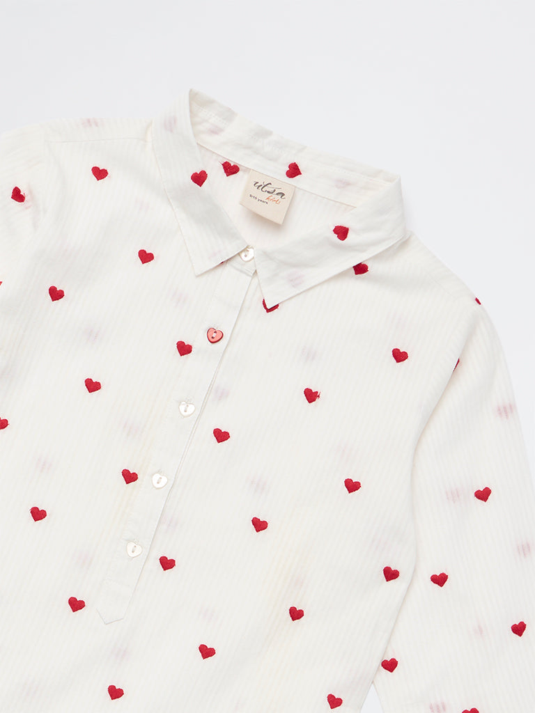 Utsa Kids Girls White Heart Embroidered Cotton Tunic - (8-14 years)
