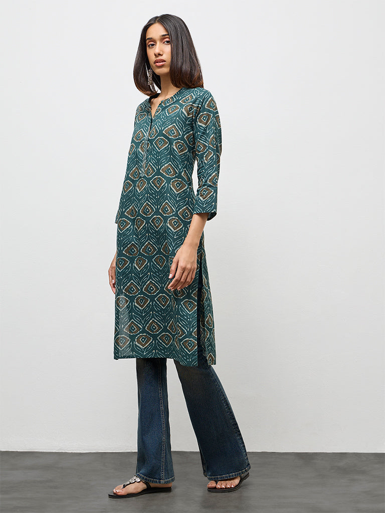 Utsa Green Printed Cotton Straight Kurta