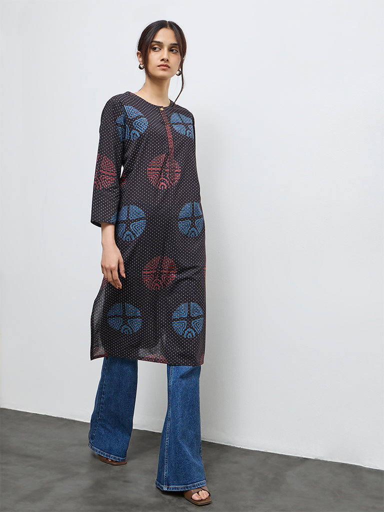 Utsa Black Badla Printed Cotton Straight Kurta