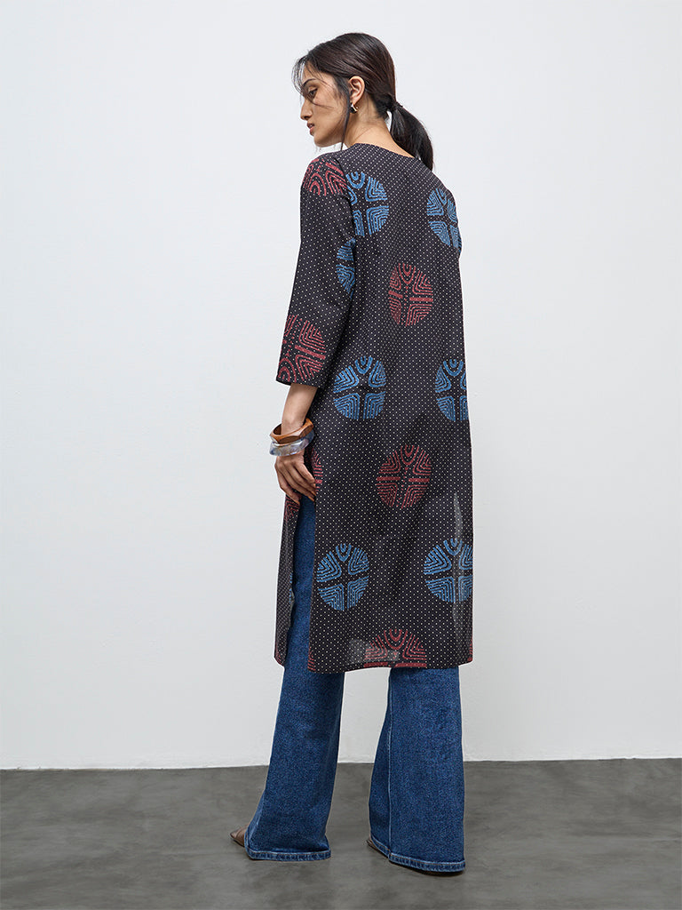 Utsa Black Badla Printed Cotton Straight Kurta