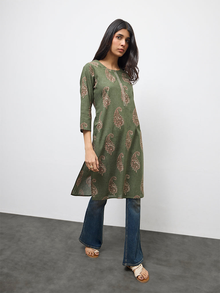 Utsa Olive Paisley Printed Cotton Straight Kurta