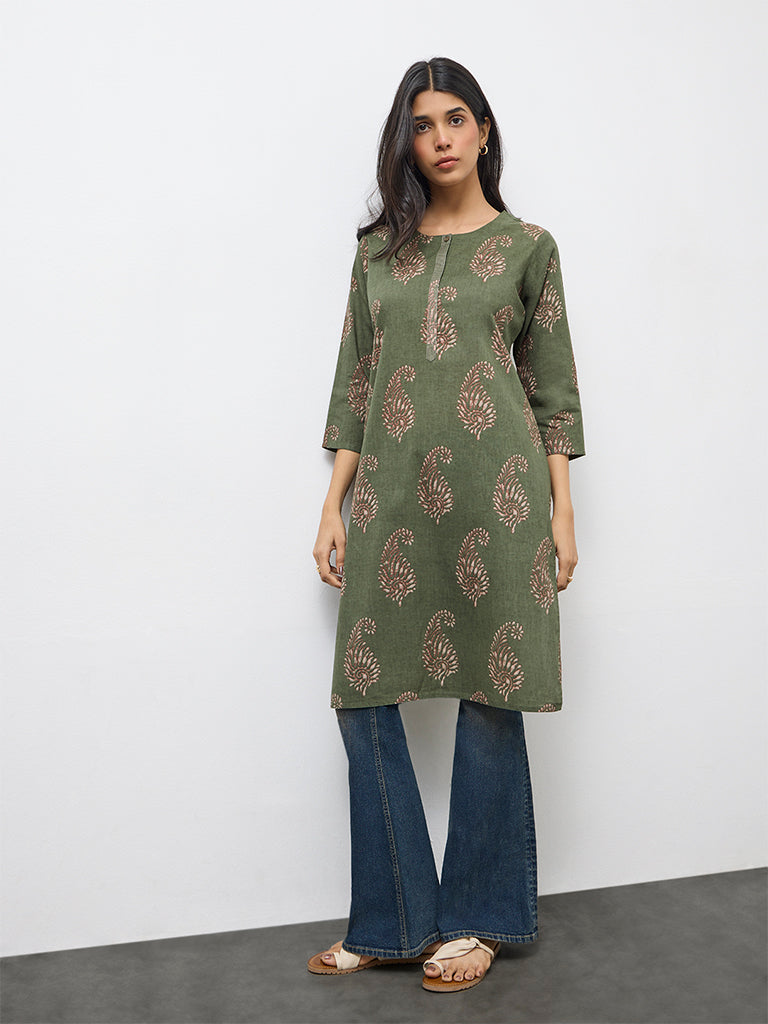 Utsa Olive Paisley Printed Cotton Straight Kurta