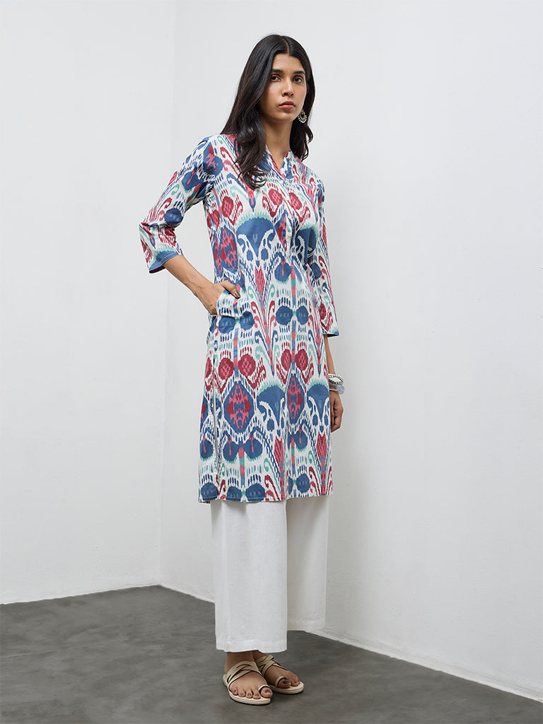 Utsa Blue Printed Cotton Straight Kurta