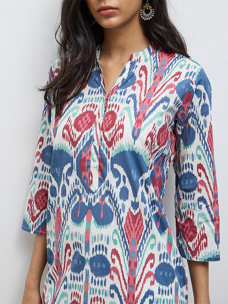 Utsa Blue Printed Cotton Straight Kurta