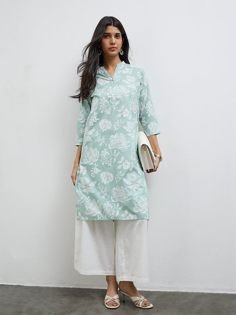 Utsa Sage Floral Printed Straight Kurta