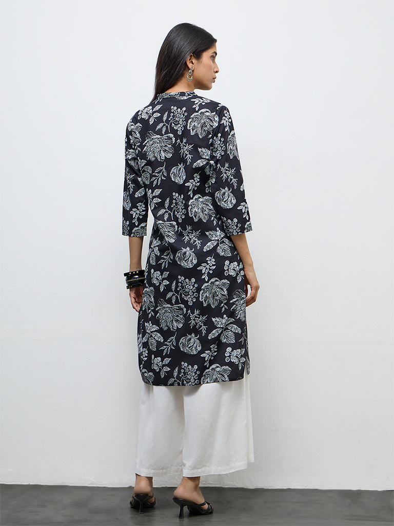 Utsa Black Floral Printed Cotton Straight Kurta