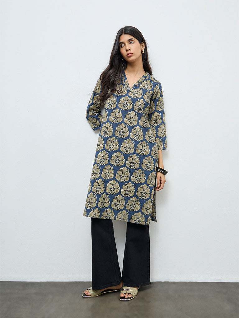 Utsa Indigo Butta Leaf Cotton Straight Kurta
