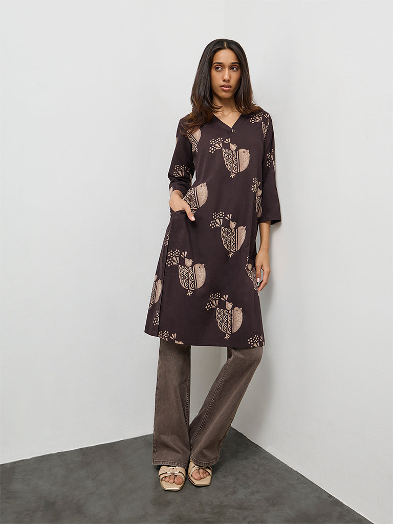 Utsa Dark Brown Bird Print Cotton Straight Kurta