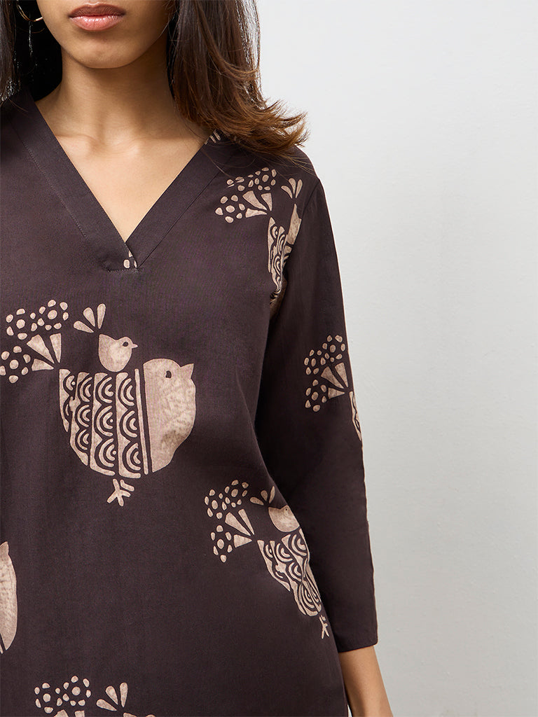 Utsa Dark Brown Bird Print Cotton Straight Kurta