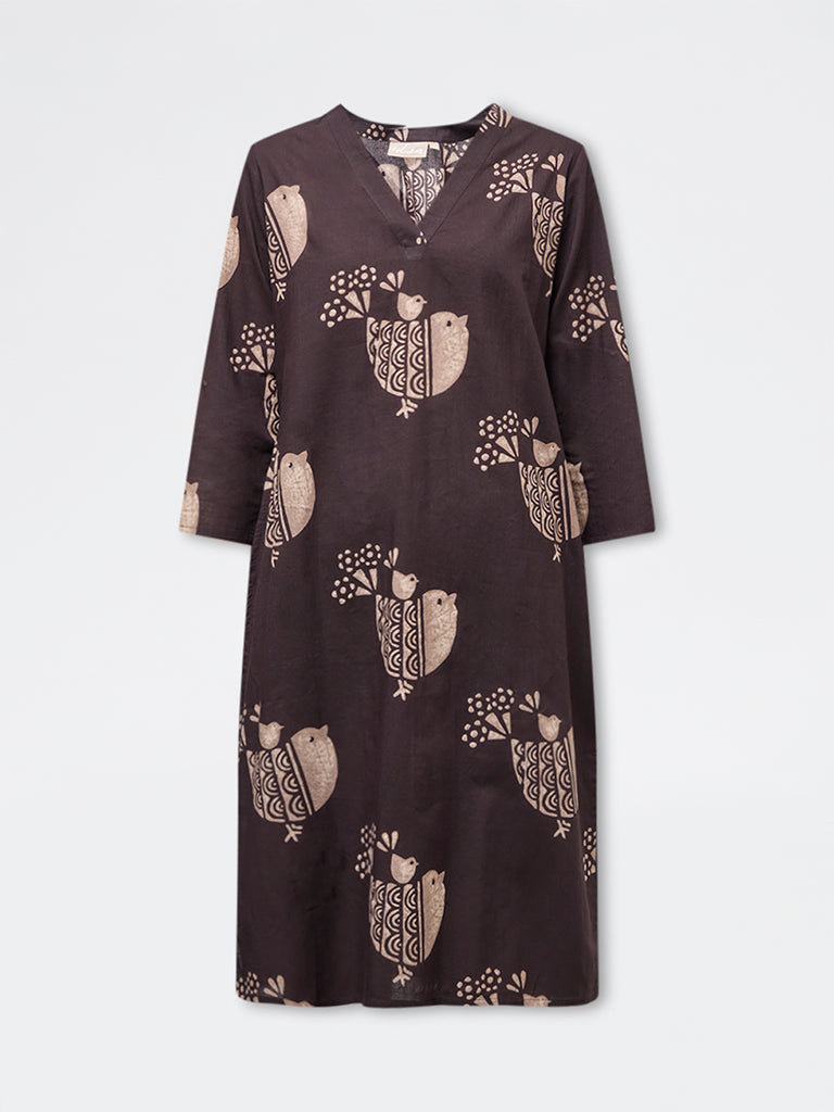 Utsa Dark Brown Bird Print Cotton Straight Kurta