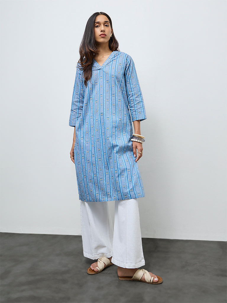 Utsa Blue Leaf Pattern Cotton Straight Kurta