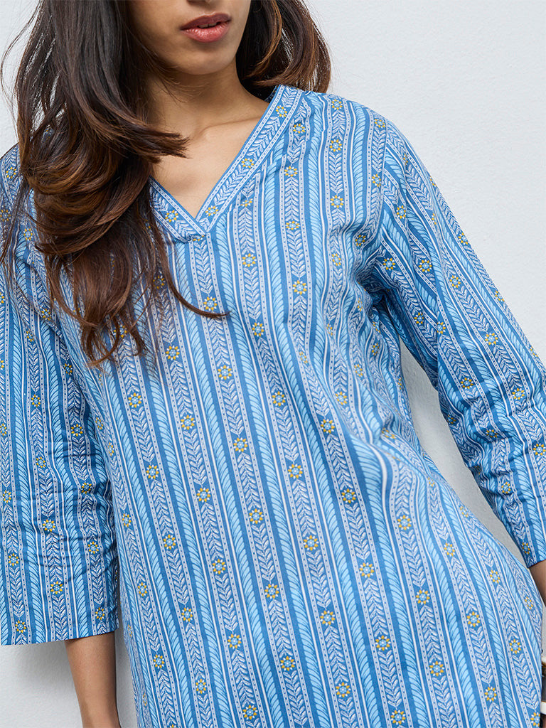 Utsa Blue Leaf Pattern Cotton Straight Kurta