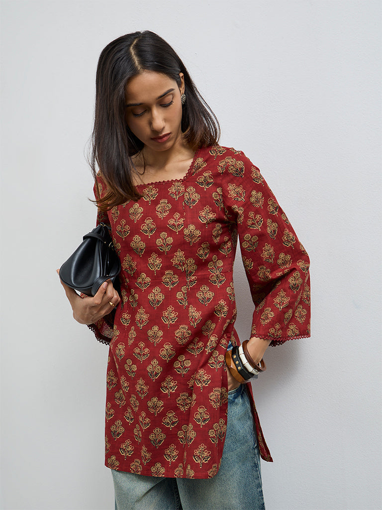 Utsa Red Floral Boota Design Cotton Tunic