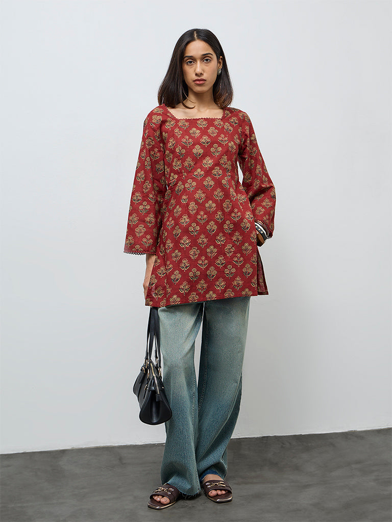 Utsa Red Floral Boota Design Cotton Tunic