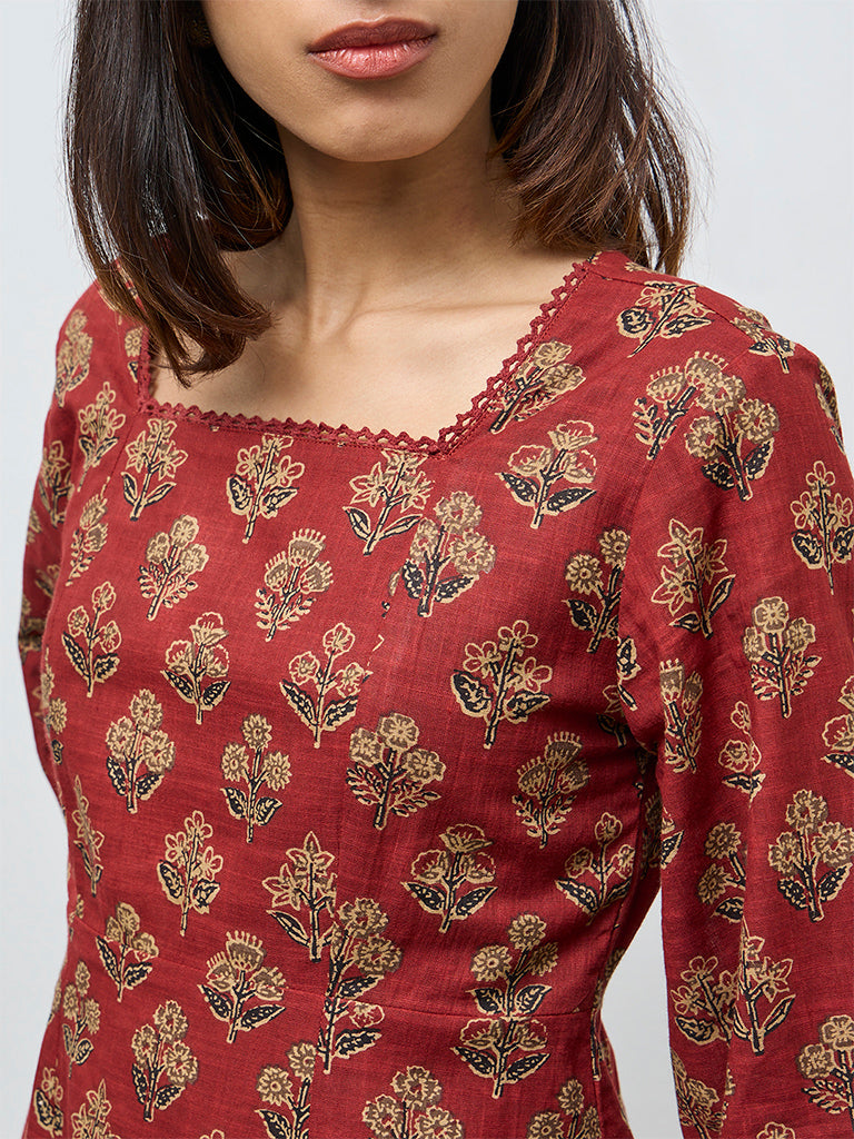 Utsa Red Floral Boota Design Cotton Tunic
