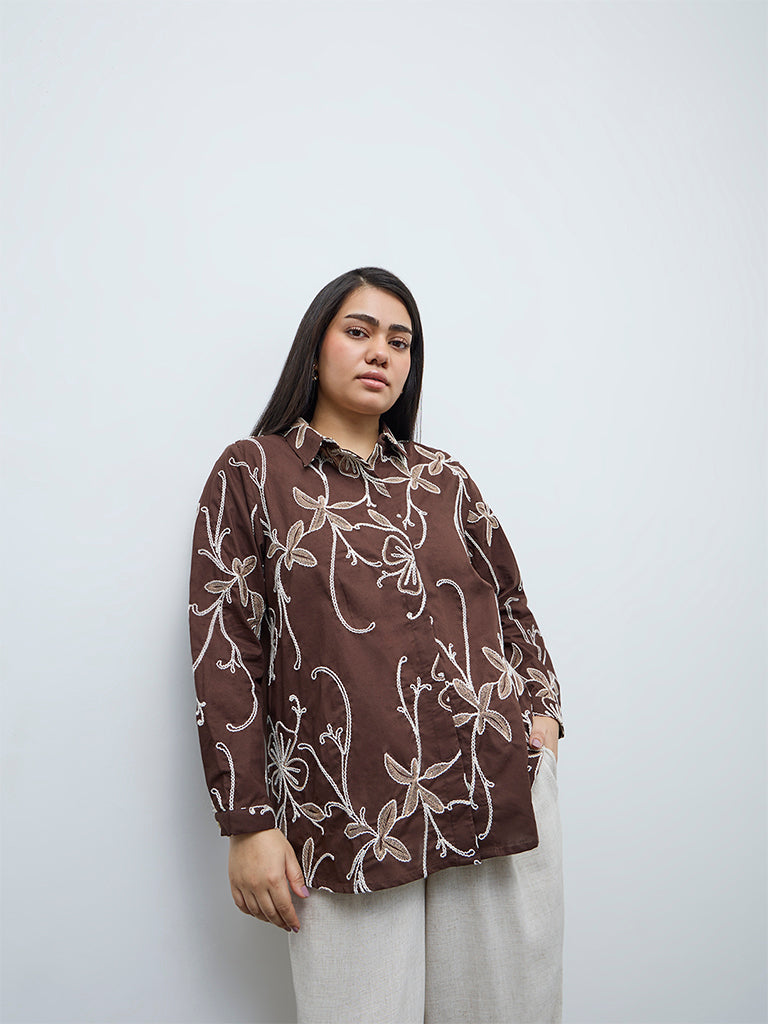Gia Dark Brown Floral Embroidered Cotton Shirt