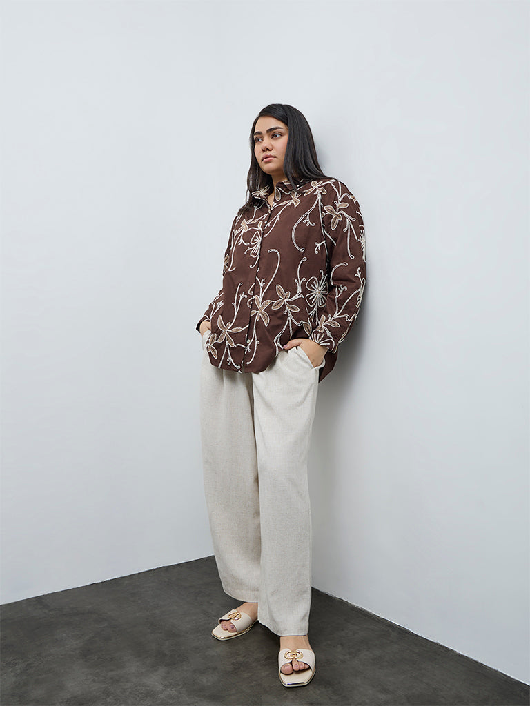 Gia Dark Brown Floral Embroidered Cotton Shirt