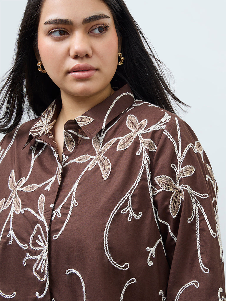 Gia Dark Brown Floral Embroidered Cotton Shirt