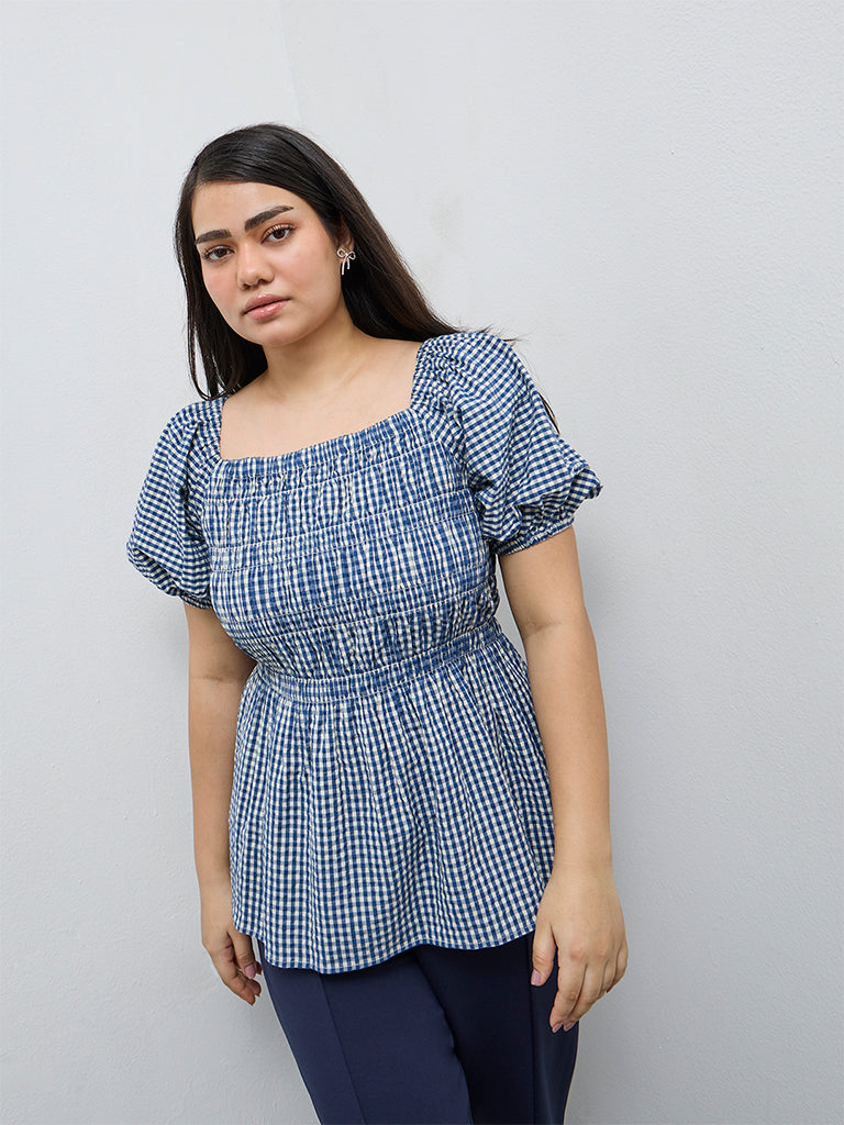 Gia Indigo Checkered Cotton Peplum Top