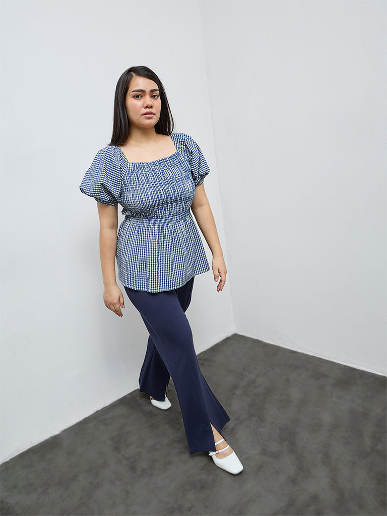 Gia Indigo Checkered Cotton Peplum Top