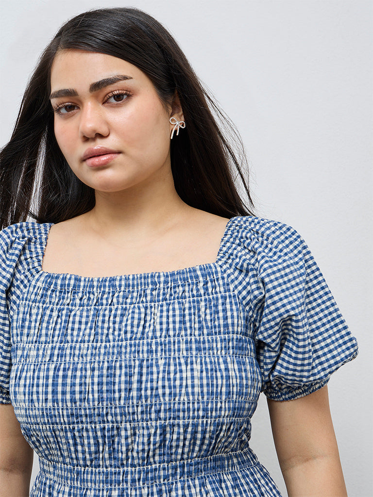 Gia Indigo Checkered Cotton Peplum Top