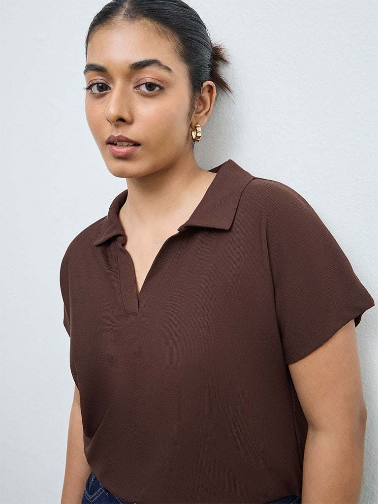 Gia Dark Brown Textured T-Shirt