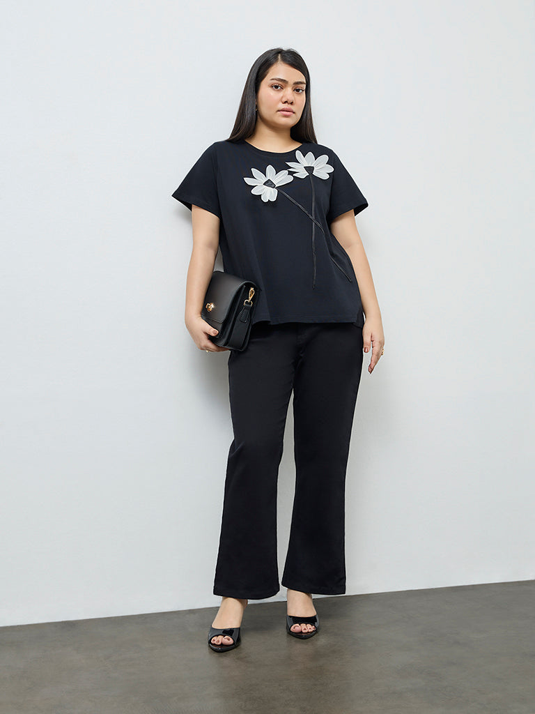 Gia Black Floral Embroidered Cotton T-Shirt