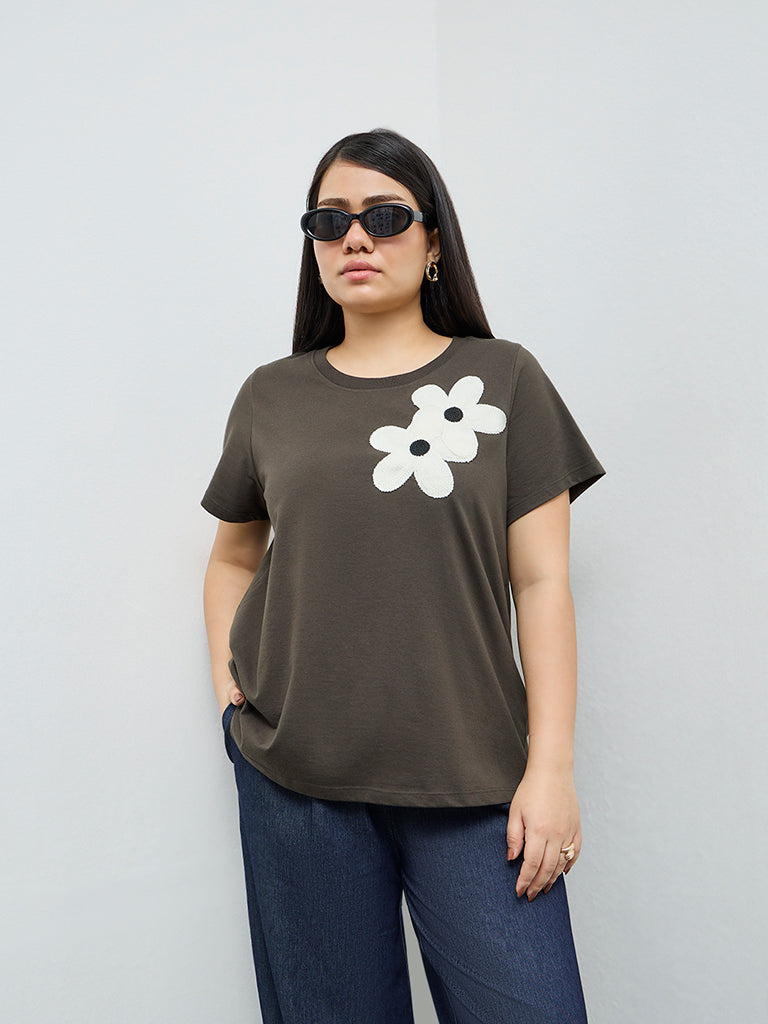 Gia Dark Olive Floral Embroidered Cotton-Blend T-Shirt