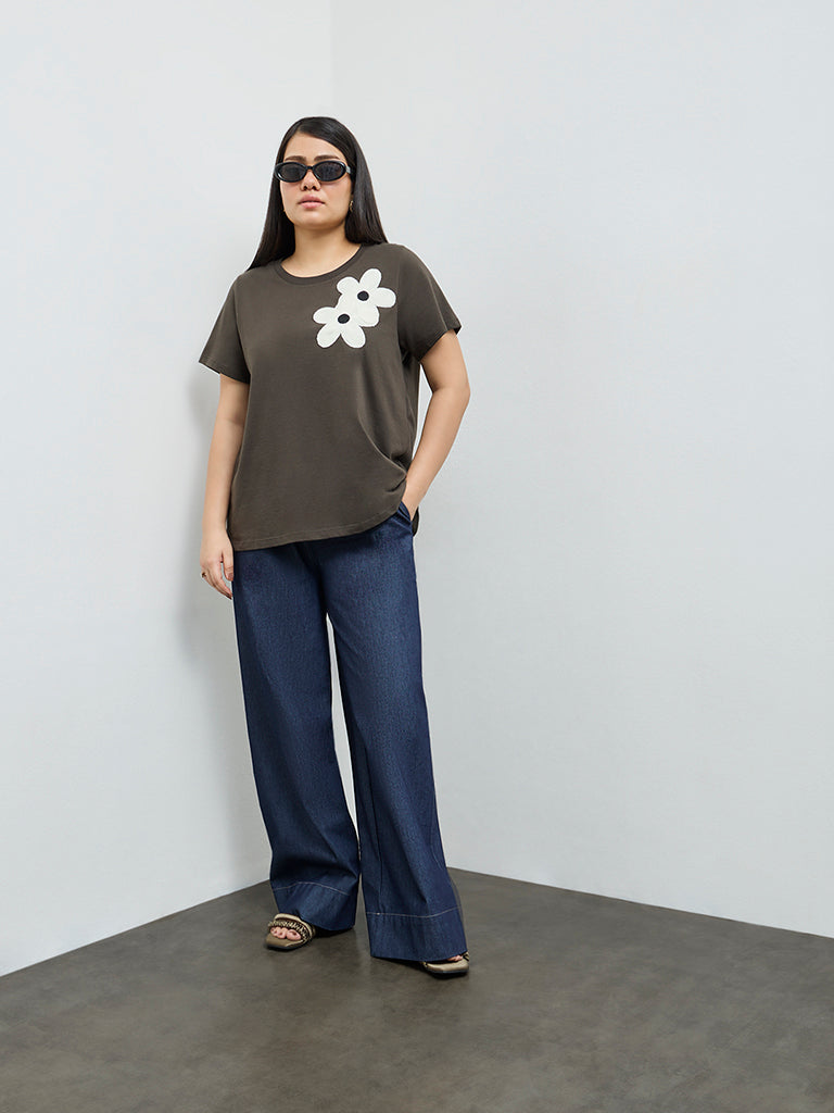 Gia Dark Olive Floral Embroidered Cotton-Blend T-Shirt