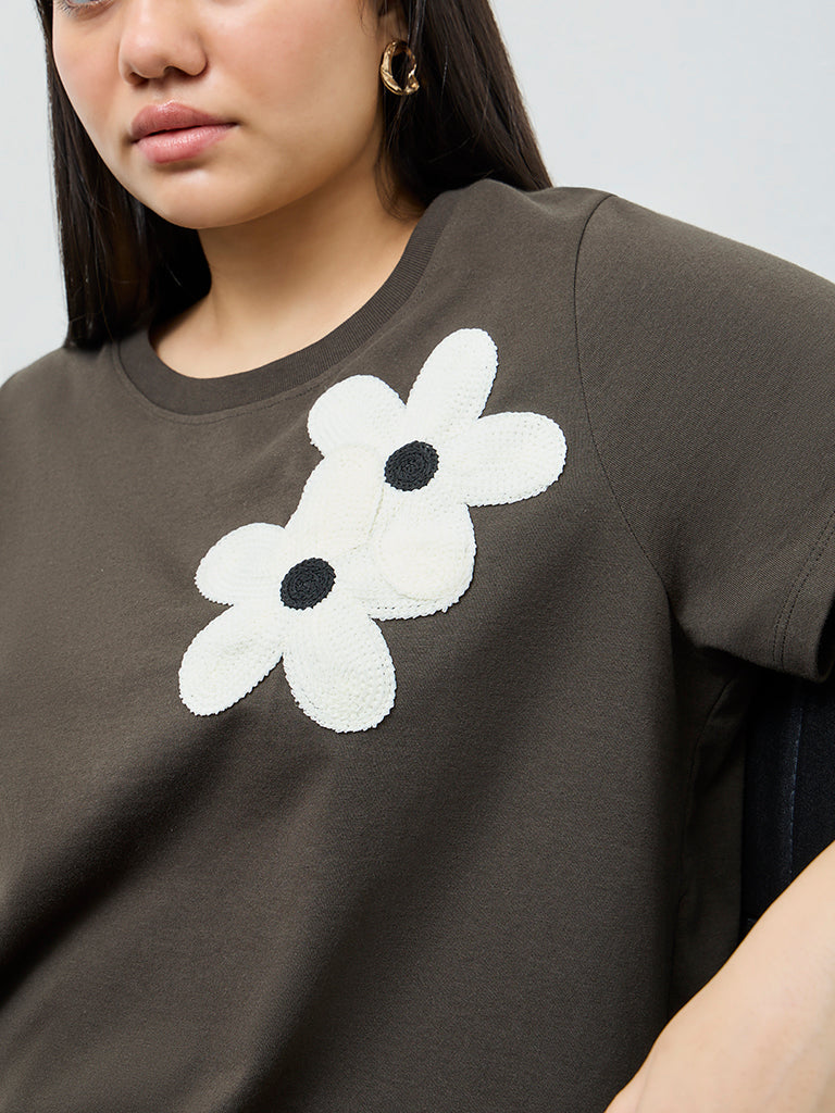 Gia Dark Olive Floral Embroidered Cotton-Blend T-Shirt