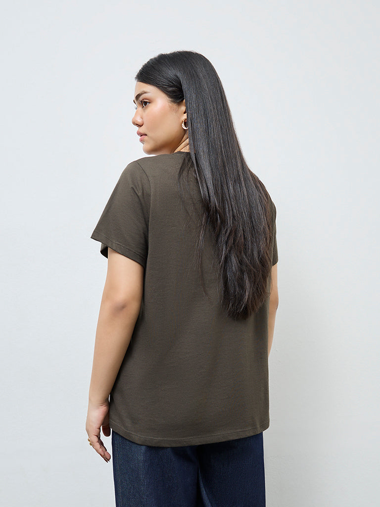 Gia Dark Olive Floral Embroidered Cotton-Blend T-Shirt