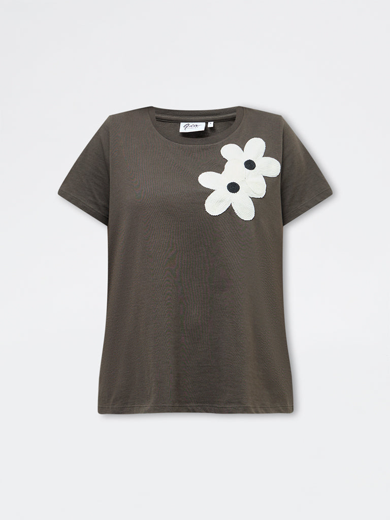 Gia Dark Olive Floral Embroidered Cotton-Blend T-Shirt
