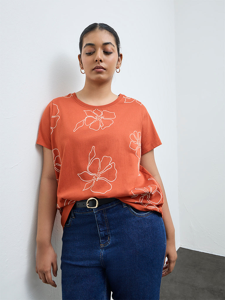 Gia Dark Orange Floral Printed Cotton T-Shirt