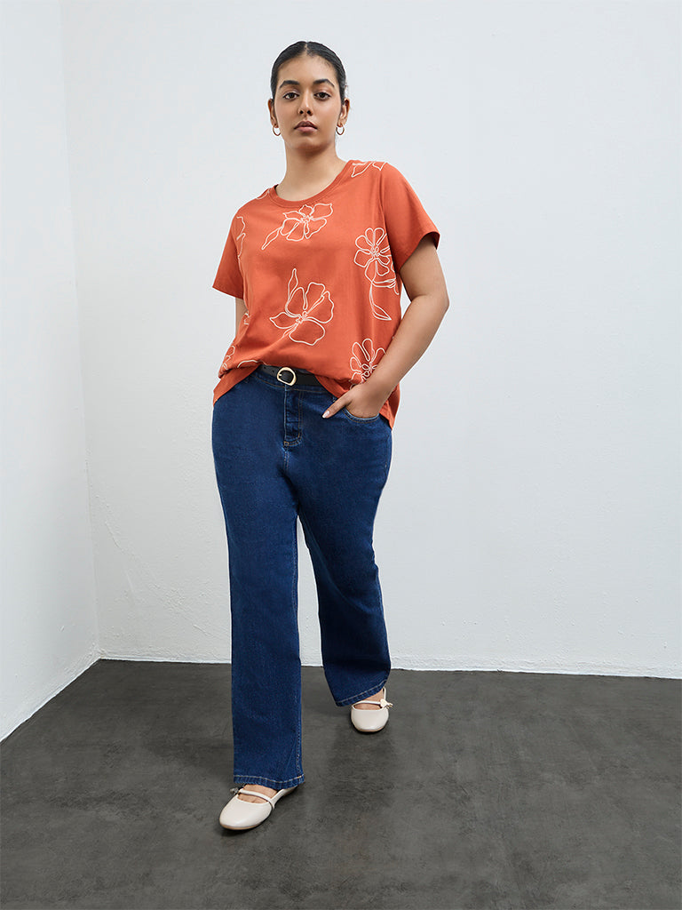 Gia Dark Orange Floral Printed Cotton T-Shirt