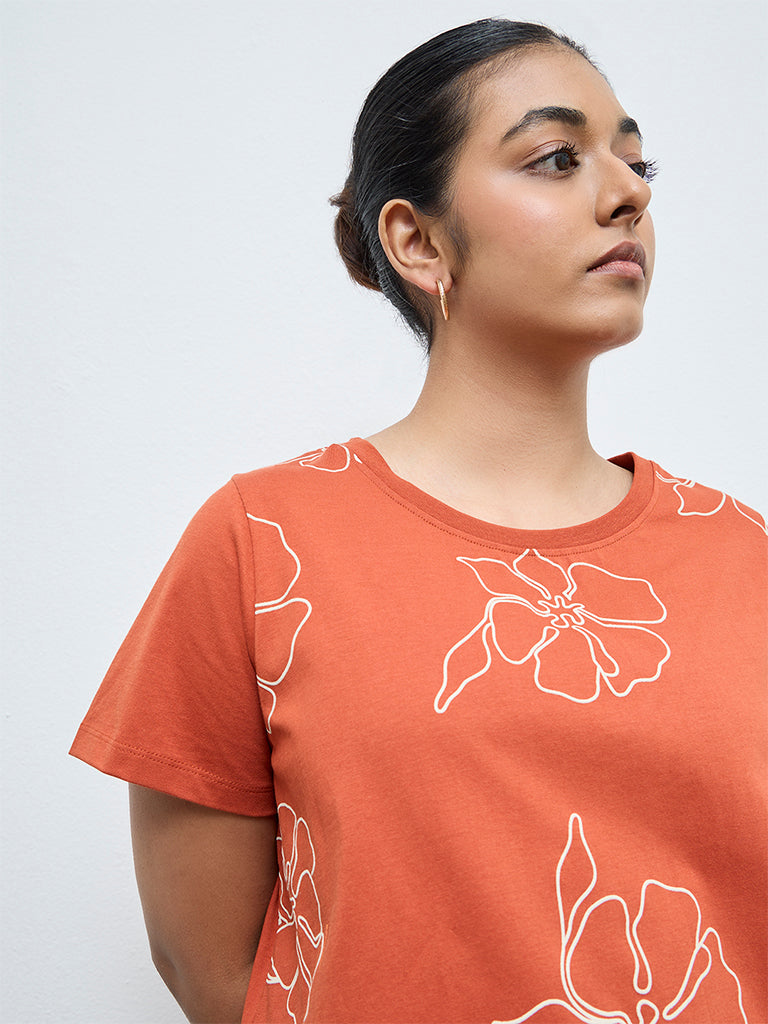 Gia Dark Orange Floral Printed Cotton T-Shirt