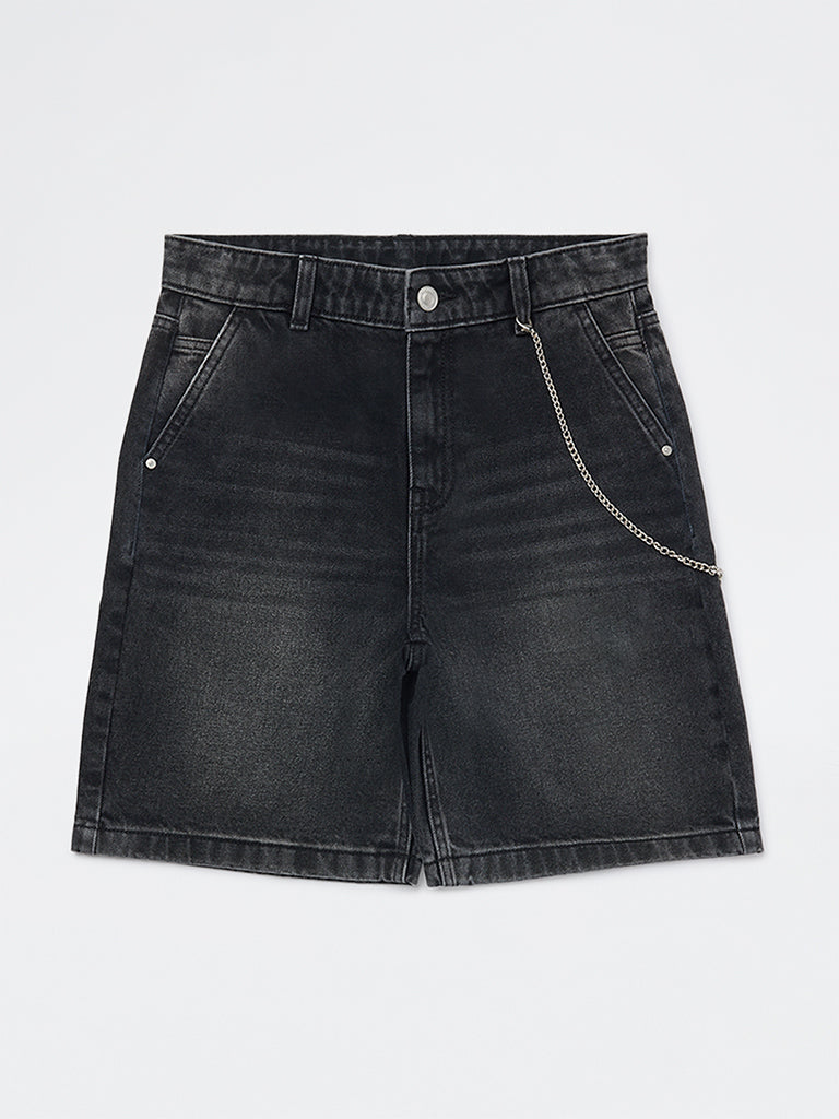 Boys Charcoal Faded Mid-Rise Denim Shorts